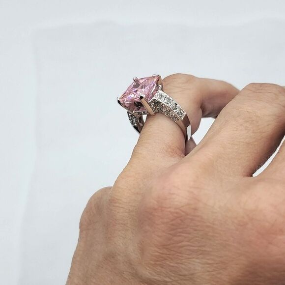 Vintage Sterling Silver Pink Sapphire CZ Princess Cut With Heart Pendant Sz 6 - Picture 3 of 17